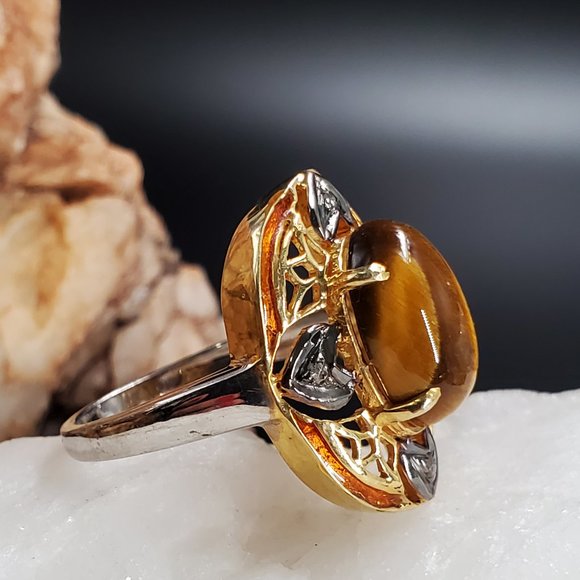 Sterling Silver 925/18k Gold Ring Tiger Eye Raw Diamonds Unique Designer Jewelry - Picture 2 of 10